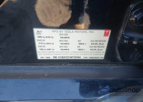 2017 Tesla Model S 100D/60D/75D/90D/P100D из США, поврежденный, VIN 5YJSA1E21HF197344